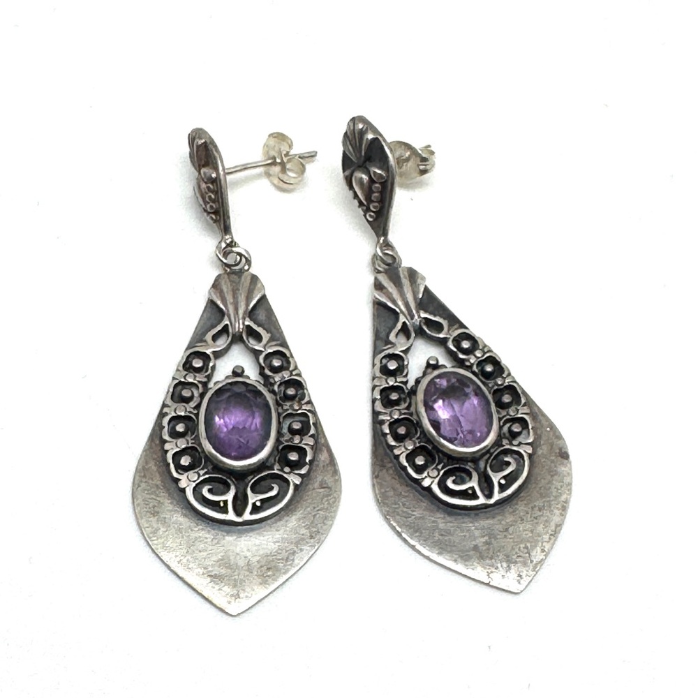 BOMA Sterling Silver and Amethyst Dangle Earrings Vintage Bali Style